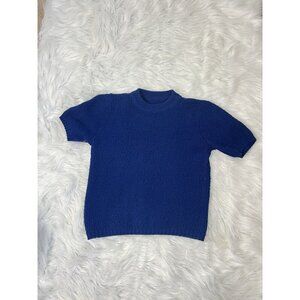Vintage 70s Cobalt Blue Textured Knit Short Sleeve Sweater Top Women's Small